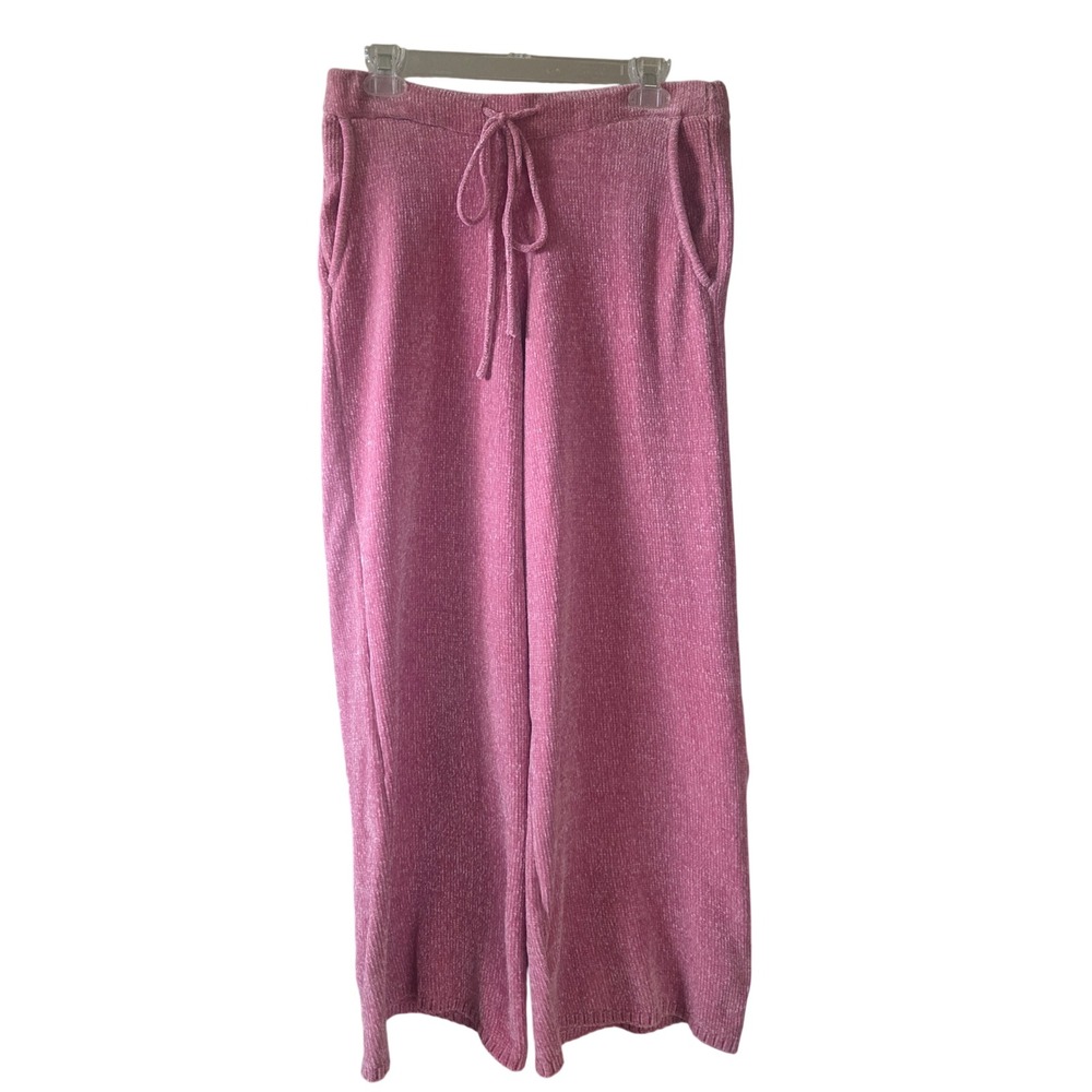 LOLA Pink Chenille Wide Leg Lounge Pants Drawstring Ribbed Knit Size Large Cozy